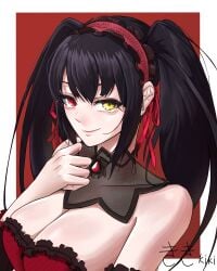 2d 2d_(artwork) big_breasts black_hair breasts cleavage date_a_live dress female female_only heterochromia light-skinned_female long_hair looking_at_viewer red_eyes solo solo_female tokisaki_kurumi twintails upper_body