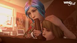 1boy 2girls 3d animated ball_sucking blue_hair brown_hair chloe_price collaborative_fellatio dark-skinned_male dark_skin fellatio female handjob interracial life_is_strange male max_caulfield nail_polish no_sound oral penis source_filmmaker straight teamwork video windfall