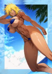 1girls 2024 absurd_res arm_up arrancar beach big_breasts bikini bleach blonde_hair blue_bikini blue_micro_bikini breast_tattoo breasts cameltoe cloud dark-skinned_female dark_skin day demos facial_markings female female_focus female_only fit fit_female green_eyes hand_behind_head hi_res hips large_breasts looking_at_viewer mature mature_female micro_bikini nipple_bulge ocean outdoors outside palm_tree short_hair sky solo solo_female solo_focus standing thick_thighs thigh_gap thighs tia_harribel toned toned_female underboob wet wet_body yellow_hair