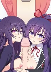 1boy 2d 2d_(artwork) 2girls big_penis breast_squeeze breasts clone date_a_live exposed_breasts itsuka_shido light-skinned_female light-skinned_male long_hair looking_at_viewer lying nipples open_shirt penis penis_between_breasts personality_change pink_nipples purple_eyes purple_hair ribbon school_uniform shirt_lift sisters upper_body vampy_squid veiny_penis yatogami_tohka