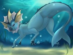 2017 anus blue_body clitoris eeveelution female feral looking_at_viewer nintendo pokémon_(species) pokemon presenting purple_eyes pussy raised_tail rottencanines solo swimming underwater vaporeon video_games water