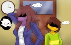 alphys breasts deltarune enigi09 implied_sex kris_(deltarune) susie_(deltarune) undertale_(series)