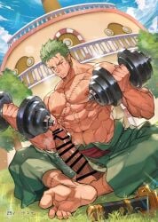 1boy abs bara barbell big_breasts big_penis censor_bar censored censored_penis eight_pack feet grass green_hair male male_only muscles muscular muscular_arms muscular_male one_piece pecs roronoa_zoro scar scar_on_chest scar_on_face scar_on_leg short_hair sitting six_pack solo sousuke000 sweat sweatdrop sweating sweaty vein veiny_penis weightlifting