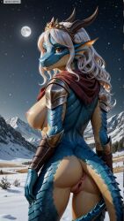 ai_generated anthro anus armor artist_name ass breasts colored_skin dragon_girl dragon_tail female female_anthro from_behind furry furry_female hi_res high_resolution highres horns large_breasts long_hair looking_at_viewer looking_back monster_girl moon night nipples nude outdoors photorealistic pussy realistic reptile scales scalie sky snow snowing solo stable_diffusion tail twitter twitter_username uncensored watermark yiffyjiffy2 yiffyjiffy69