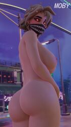 ass big_ass big_breasts blush blush breasts completely_nude completely_nude_female female female_only fortnite glowing_eyes hair_ornament hair_ornaments hand_on_hip hoop_earrings joni_(fortnite) looking_back looking_back_at_viewer low-angle_view mask masked masked_female moby_(artist) nude nude_female public public_nudity solo solo_female