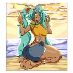 2d anklet ass bare_midriff barefoot beach big_breasts bikini blue_eyes bracelet brazil brazilian brazilian_female brazilian_miku breasts bubble_butt busty butt_crack can crop_top daisy_dukes denim_shorts earrings erect_nipples female female_focus female_only flower_in_hair hatsune_miku hourglass_figure jean_shorts kneeling long_hair nail_polish necklace nipples outdoors outside pinup pinup_pose short_shorts shorts sideboob sirledge skimpy skimpy_clothes soles sunglasses_on_head t-shirt tagme tan tan_body tan_skin thong thong_bikini toenail_polish turquoise_hair twintails v v_sign vocaloid waist_chain wide_hips