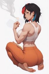 ai_assisted ai_generated ass bare_shoulders barefoot black_hair blue_hair breasts brown_eyes cigarette creamybiscuit feet from_behind large_breasts looking_back multicolored_hair orange_pants pants prisoner red_hair short_hair smoke smoking soles sports_bra streaked_hair tank_top toes two_tone_hair white_tank_top