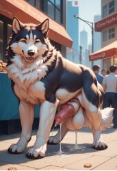 ai_generated big_balls big_penis canid canine canine_genitalia canine_penis city_background feral husky male muscular penis sitting
