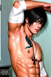 3d ai ai_art ai_assisted ai_generated arm_bandages armpit_fetish armpit_focus armpits bandage chest_tattoo cosplay fairy_tail gay gray_fullbuster male male_focus male_only necklace showing_armpits solo_male sweat sweatdrop sweaty sweaty_body