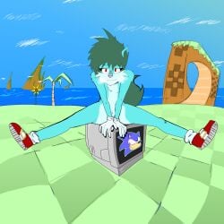blue_fur femboy femboy_only furry gloves green_hair green_hill_zone male naked naked_femboy new_scout nicolas_wolfman nikki_(tawagoto) only_male red_eyes sega shoes solo solo_focus sonic_(series) sonic_team sonic_the_hedgehog sonic_the_hedgehog_(cosplay) sonic_the_hedgehog_(series) splits tawagoto_(probros)