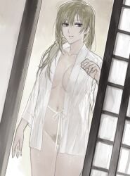 big_breasts blonde_hair blue_eyes blush bottomless cleavage female female_only gintama haori ikumatsu_nishiki inner_sideboob japanese_clothes long_hair looking_at_viewer mature mature_female no_bra pale-skinned_female pale_skin ponytail pubic_hair see-through_clothing shouji solo tied_hair uncensored vulva zakirsiz