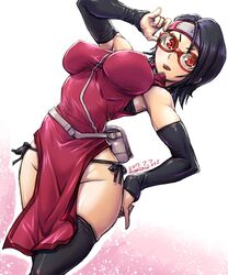 1girls alternate_breast_size amania_orz black_hair blush boruto:_naruto_next_generations breasts cowboy_shot eyewear female female_only forehead_protector glasses gloves groin konohagakure_symbol large_breasts looking_at_viewer naruto older open_mouth pelvic_curtain red-framed_eyewear sarada_uchiha sharingan short_hair smile solo thigh_holster thighhighs