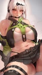 :/ absurdres anby_demara anby_demara_(cosplay) bare_shoulders belt black_belt black_panties black_skirt blush breasts cameltoe closed_mouth commentary cosplay female green_sleeves headphones highleg highres hyuk_(yeayeo) large_breasts long_hair navel orange_eyes paid_reward_available panties panty_straps pleated_skirt pubic_hair skirt solo steaming_body stomach strapless sweat thick_thighs thigh_strap thighs tube_top underwear white_hair white_tube_top yi_xuan_(zenless_zone_zero) zenless_zone_zero