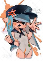 1girls angry angry_expression angry_eyes belly_button belly_button_visible_through_clothing blue_hair blush breasts female female_only gray_eyes grey_eyes hat ink ink_on_body ink_on_tongue inkling inkling_girl kanzaki_coula looking_at_viewer medium_breasts nintendo oc one-piece_swimsuit original_character sailor_swimsuit splatoon splatoon_(series) suggestive suggestive_pose swimsuit tagme tentacle_hair thin_waist unusual_ears wrist_cuffs