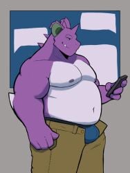 2025 3:4 anthro barazoku belly biceps blue_briefs blue_clothing blue_underwear bottomwear briefs bulge cellphone clothed clothing deltoids electronics forearm_muscles generation_1_pokemon grin holding_cellphone holding_object holding_phone holding_smartphone kyutka3 looking_at_cellphone looking_at_object looking_at_phone male musclegut muscular muscular_arms navel nidoking nintendo nipples open_bottomwear open_clothing open_pants overweight pants pecs phone pokemon pokemon_(species) purple_body side_view smartphone smile solo speech_bubble standing stocky topless triceps underwear