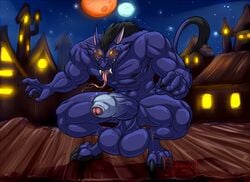 2017 4_toes 5_fingers abs anthro balls bat big_balls big_penis black_hair blue_penis blue_skin crouching erection fangs glowing glowing_eyes hair humanoid_penis hungothenomster long_tongue male male_only mammal moon muscular night nipples penis penis_tip sharp_teeth sky solo teeth toes tongue tongue_out uncut were werebat yellow_eyes