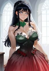 1girls 2d ai_generated ai_sensuality bangs big_breasts black_hair blacked blacked_tattoo breasts bridal_tiara bridal_veil bride cleavage edited female grey_eyes hyuuga_hinata jewelry light-skinned_female long_hair momen naruto naruto_(series) naruto_shippuden sleeveless smiling solo solo_female tattoo tiara veil wedding_dress wedding_tiara wedding_veil