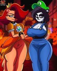 2girls anthro arms_crossed bear black_fur blue_overalls breasts cleavage clothing collar cosplay crown domestic_cat dress duo ear_piercing felid feline female female_only furry furry_female furry_only giant_panda green_hat hat lewdtoons lifting_dress looking_at_viewer luigi_(cosplay) mammal mario_(series) mature mature_anthro mature_female nintendo overalls panda princess_daisy_(cosplay) pussy red_hair smiling smiling_at_viewer tail tatania_(lewdtoons) tongue tongue_out tongue_piercing white_fur