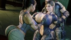 1boy 2females 3d 3d_(artwork) ass ass big_ass big_breasts breast_grab breasts breasts chris_redfield dark-skinned_female dark_skin female girls grabbing grabbing_breasts huge_ass huge_breasts jill_valentine light-skinned_female light-skinned_male light_skin resident_evil resident_evil_5 revealing_clothes sheva_alomar