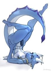 anthro big_breasts black_nipples black_penis blue_body breasts ear_piercing female genitals glistening glistening_body hi_res horn humanoid_genitalia jewelry legs_up looking_at_viewer lying navel navel_piercing nipple_piercing nipples nude on_back penis piercing ring_piercing sackrany scalie simple_background smile solo tail upside-down white_background white_body wings