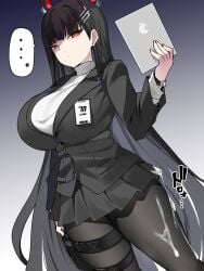 ... bebebe_(pepegakii) black_hair black_jacket black_pantyhose black_skirt black_suit blue_archive breasts cum cum_on_body female hair_ornament hairclip halo highres jacket large_breasts long_hair long_sleeves looking_at_viewer miniskirt pantyhose pleated_skirt red_eyes rio_(blue_archive) shaded_face skirt solo suit sweater tablet_pc thighs turtleneck turtleneck_sweater very_long_hair white_sweater