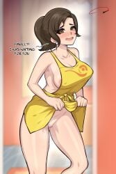aldharoku apron apron_lift areola_slip areolae bangs bare_shoulders blush breasts brown_eyes brown_hair cleavage cleft_of_venus clothes_lift clothes_pull clothing delia_ketchum dress dress_lift dress_pull earrings english_language english_text female female_only hadaka_apron indoors jewelry large_breasts lifted_by_self looking_at_viewer mature_female milf mother_(pokemon_sv) naked_apron nintendo nipples no_bra nopan open_mouth pokemon pokemon_(game) pokemon_character ponytail pussy pussy_juice shirt sideboob sleeveless smile solo standing sweat text thick_thighs thighs vagina wardrobe_malfunction yellow_apron