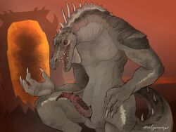 alligatorid animal_genitalia anthro bethesda_game_studios claws crocodilian crouching daedra daedroth demon erection gay genital_slit genitals hi_res lycaenops male microsoft oblivion penile_spines penis reptile scalie sharp_teeth solo spikes tapering_penis teeth the_elder_scrolls