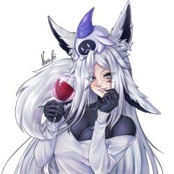 alcohol animal_ears artist_name bangs black_gloves breasts cleavage cup drinking_glass dya_rikku_(vtuber) eyebrows_visible_through_hair fangs female gloves grey_eyes grin holding jacket large_breasts long_hair long_sleeves looking_at_viewer on_head scar signature silver_eyes silver_hair smile solo teeth turtleneck upper_body very_long_hair vyugen white_background white_hair white_jacket wine wine_glass wolf_ears