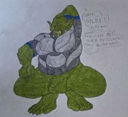 5_toes absurd_res angry armor balls barazany420 barefoot big_ears big_feet big_muscles bottomless claws clothed clothing crouching dialogue feet flaccid genitals green_body green_goblin green_skin hi_res humanoid humanoid_feet male muscular muscular_male pecs penis plantigrade questionable_consent raised_arm sharp_teeth solo teeth thick_thighs tight_suit toe_claws toes topwear vulgar yellow_eyes