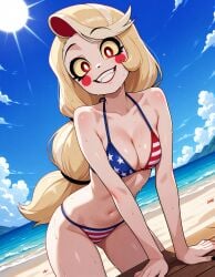 2025 ai_generated american_flag_bikini beach belly blonde_female blonde_girl blonde_hair_female charlie_morningstar_(hazbin_hotel) deviantart elryusam female hazbin_hotel looking_at_viewer meta not_porn red_cheeks red_eyes smile_at_viewer smiling_at_viewer teeth_showing tummy vivziepop wet_bikini wet_body wet_skin youtube