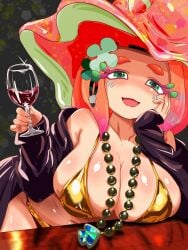 1girls 2d_(artwork) big_breasts breast_on_table breasts cleavage digital_drawing_(artwork) digital_media_(artwork) female female_focus female_only flow_(splatoon) gold_bikini golden_bikini looking_at_viewer splatoon splatoon_(series) splatoon_2 t2ukmyjm table wine wine_glass