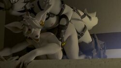 angry_face bedroom big_ass big_breasts blender breasts crsovr3d furry harness nipples officer_flint_(foretbwat) open_mouth piercing rat surprised von_lycaon white_fur wolf zenless_zone_zero
