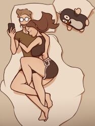 breast_press brother_and_sister brown_hair cuddling entangled garriguex hugging large_breasts little_mole long_hair no_sex pillow sheets sports_bra sports_shorts wholesome