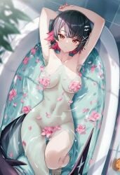 ai_generated armpits arms_up bathing bathtub covered_nipples covered_pussy curvy_body curvy_female curvy_figure daytime ellen_joe naked_female raaicave red_eyes zenless_zone_zero