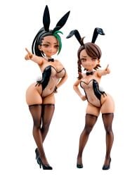 2girls ai_assisted ai_generated amber_eyes black_hair bowtie breasts brown_hair bunny_ears bunny_tail bunnysuit cleavage fake_animal_ears figure figurine freckles full_body high_heels high_ponytail juliana_(pokemon) losforry_custom medium_breasts navel nemona_(pokemon) playboy_bunny pointing pokemon pokemon_sv side-tie_leotard side_ponytail skindentation small_breasts smile smug thighhighs transparent_background transparent_bunnysuit wide_hips yellow_eyes