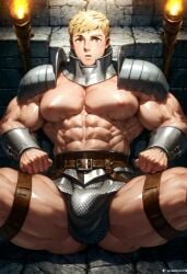 ai_generated armor ass bara big_ass big_biceps big_butt big_pecs bubble_ass bulge chainmail delicious_in_dungeon dungeon_meshi harness laios_touden legs_apart legs_spread looking_at_viewer male male_focus male_only man_boobs muscles muscular_arms muscular_legs muscular_male muscular_thighs obliques reclining revealing_clothes revealing_outfit skimpy_armor spread_legs yaoi