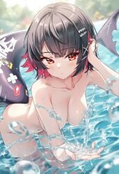 ai_generated black_hair breasts daytime ellen_joe forest_background naked_female orange_eyes raaicave shark_tail shoulders water_background zenless_zone_zero