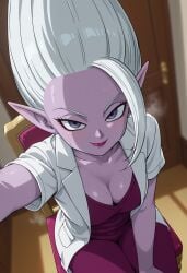 1girls ai_generated arinsu big_breasts big_tits blush blushing breasts chair cute cute_eyes cute_face cute_female cute_smile doctor dollona dr._arinsu dragon_ball dragon_ball_daima dragon_ball_super dragon_ball_z eyeliner female female_only female_solo fuchsia_lipstick glind huge_breasts huge_tits lipstick makeup no_bra purple_body purple_clothes purple_clothing purple_eyes purple_shirt purple_skin purple_skinned_female purple_skirt red_eyeliner selfie sweat sweatdrop sweating sweating_female sweaty sweaty_body sweaty_breasts sweaty_face sweaty_female tits white_clothes white_clothing white_hair white_hair_female