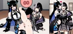 2girls ai_generated before_and_after blk9201 blush exposed_pussy eye_contact female_fertilization heart_symbol hololive hololive_english hololive_english_-advent- impregnation kiss_on_cheek nerissa_ravencroft on_floor ovum partially_nude pregnant scissoring shiori_novella tribadism yuri