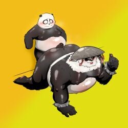 absurd_res all_fours anal anthro asian_conical_hat ass bear belly blush cartoon_network clothing crossover duo erection eyewear foreskin fur genitals giant_panda glasses hat headgear headwear hi_res hot_dogging male male/male mammal mihoyo multicolored_body multicolored_fur obese obese_anthro obese_male overweight overweight_anthro overweight_male pan_yin_hu panda_(we_bare_bears) penis samonaa2 sex size_difference thumbs_up tongue_out uncircumcised we_bare_bears zenless_zone_zero