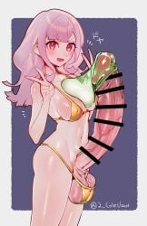 1futa balls bar_censor bikini breasts censored clothed clothing condom condom_on_penis cowboy_shot double_v erection from_side futa_only futanari gigantic_penis gold_bikini hands_up highres huge_testicles human intersex light-skinned_futanari light_skin long_hair looking_at_viewer looking_to_the_side medium_breasts mirin_chikuwa mostly_nude navel open_mouth original penis pink_hair red_eyes smile solo standing swimsuit testicles used_condom used_condom_on_penis v veins veiny_penis