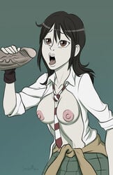 black_hair breasts brown_eyes clothes_around_waist clothing coppelion looking_up naruse_ibara navel necktie nipples pale_skin penis skirt sleeves_rolled_up stickymon striped_necktie tongue_out