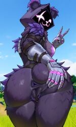 1girls ai_generated anthro anus arm_guards asshole bear_ears fortnite fortnite:_battle_royale furry furry_only hand_on_own_ass hood looking_at_viewer looking_back looking_back_at_viewer metal_gloves purple_body purple_fur purple_hood purple_skin pussy raven_team_leader solo solo_female spread_anus spread_ass