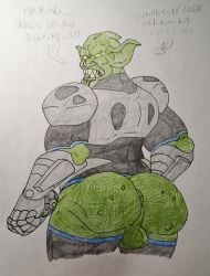 absurd_res angry annoyed anus armor ass balls barazany420 big_butt big_ears bottomless clothed clothing dialogue genitals goblin green_body green_goblin green_skin hi_res humanoid looking_at_viewer looking_back male marvel muscular muscular_male oblivious perineum sharp_teeth solo spider-man_(series) teeth topwear traditional_media_(artwork) yellow_eyes
