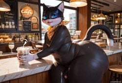 ai_generated anthro balls cafe cum_in_container cum_in_cup cup furry furry_only huge_ass morgana_(persona) penis precum_drip small_penis solo thick_thighs wide_hips yaoi