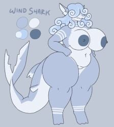 air_creature anthro belly big_breasts biped blue_body breasts cloud_hair curvy_figure digital_drawing_(artwork) digital_media_(artwork) elemental_creature female fish genitals hair hair_over_eyes hera_kane_(mexifurfoof) mammal marine mexifurfoof navel nipples nude overweight overweight_female pussy shark shark_tail simple_background solo tail text thick_thighs voluptuous white_body wide_hips