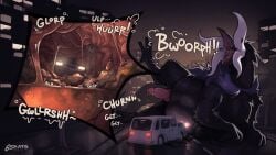 16:9 anthro big_penis burping car city digestion genitals hi_res male monster oral_vore penis size_difference solo st4rs6 vehicle vore widescreen