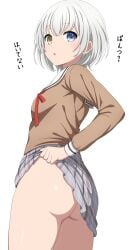 1girls absurdres bang_dream! bang_dream!_it's_mygo!!!!! blue_eyes breasts brown_shirt commentary_request female grey_skirt hanasakigawa_school_uniform heterochromia highres kaname_raana long_sleeves looking_at_viewer neck_ribbon no_panties noshimurin open_mouth plaid_clothes plaid_skirt pleated_skirt red_ribbon ribbon sailor_collar school_uniform serafuku shirt short_hair simple_background skirt small_breasts solo translated white_background white_hair white_sailor_collar yellow_eyes