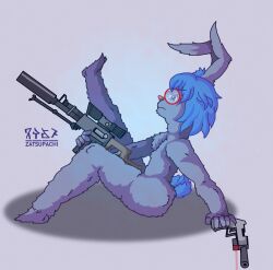 animal_humanoid eyewear glasses gun handgun hi_res humanoid kun_hareson lagomorph lagomorph_humanoid laser_sight male mammal mammal_humanoid nude phallic_symbol pinup pistol pose ranged_weapon rifle sniper_rifle solo solo_focus suppressed_weapon weapon zatsupachi