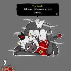 blush_lines blushing_female bottomless bulge_through_clothing cult_of_the_lamb grey_background jack-o_pose lamb lamb_(cult_of_the_lamb) rule_63 sheep simple_background teasing text_box